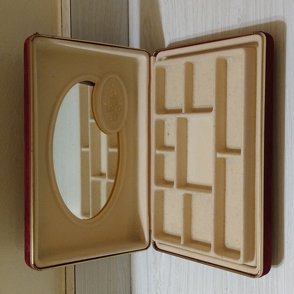 Vintage Red Velvet Double Compartment Jewelry Box - Hinged Lid w/ Mirror - Picture 2 of 11